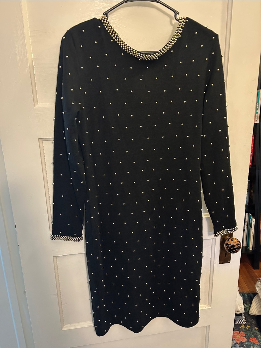 Black Long-Sleeve Dress with Gold Bead Embellishments
